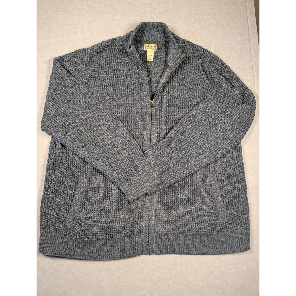 LL Bean Full Zip Sweater Mens XXL Blue Organic Cotton Knit Mock Neck Excellent